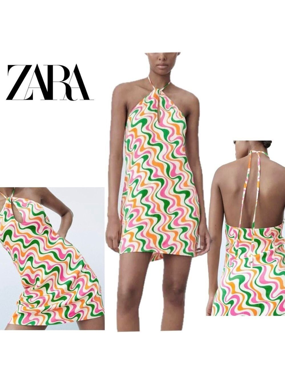 Zara multicoloured swirl print retro 70s peephole halter top mini dress L NWOT